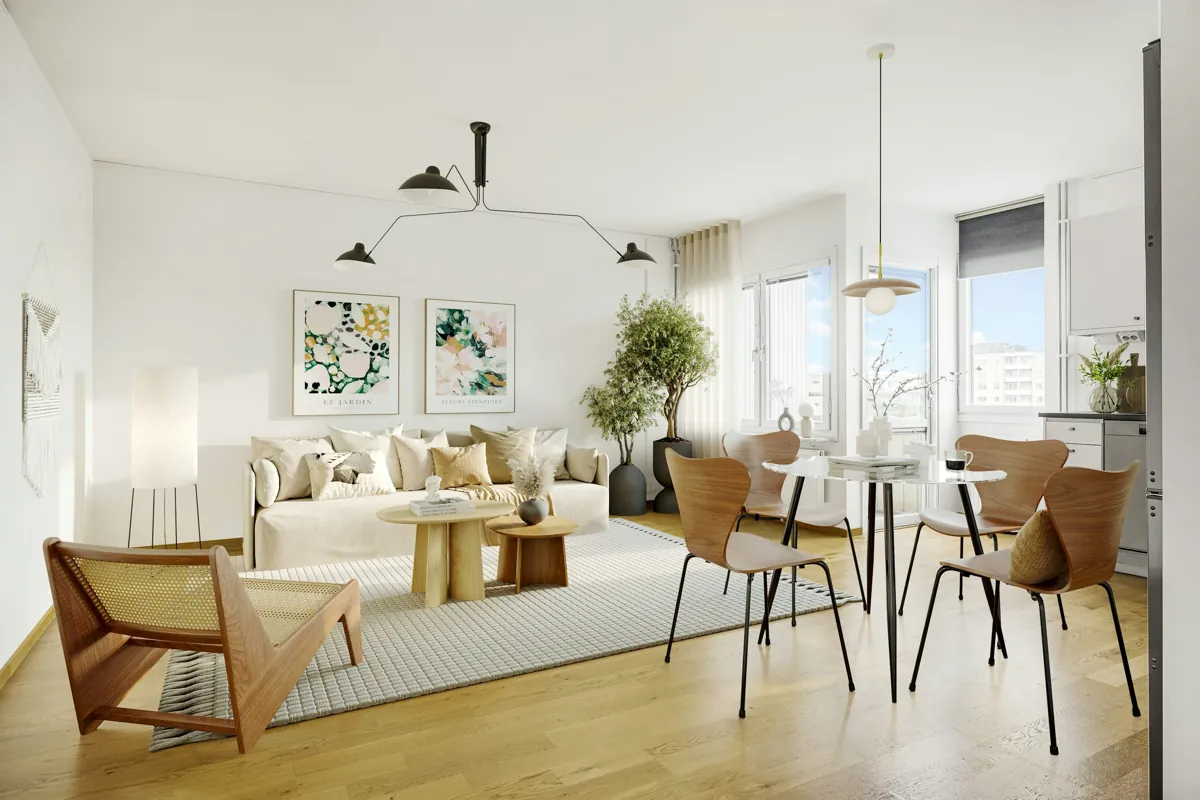 Soggiorno luminoso di un bilocale presentato con la suite AI per agenzie immobiliari